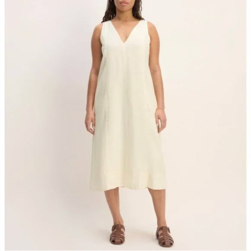 NEW Everlane The Linen V-Neck Midi Dress Womens 2 Bone - Picture 1 of 12
